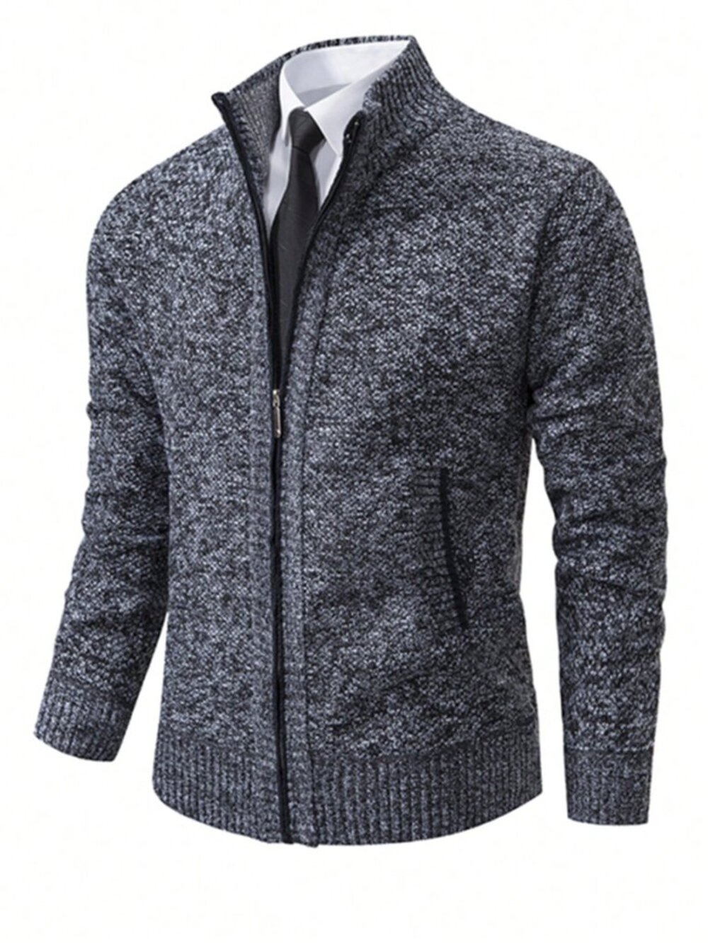 Dark Grey Casual Men's Plain Zip-Up Front Thermal Lined Sweatshirt